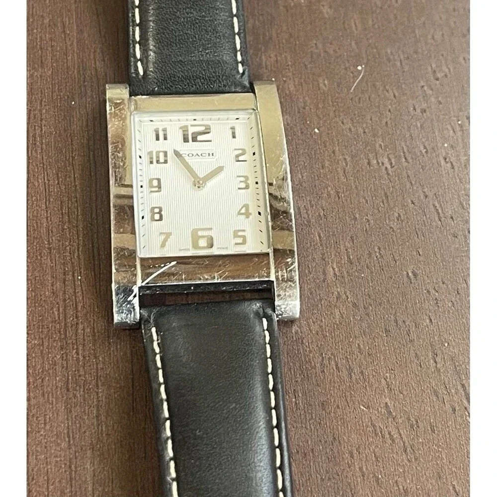 Vintage Coach Women’s Tank Watch 0233 Stainless Steel W/ Black Leather Strap